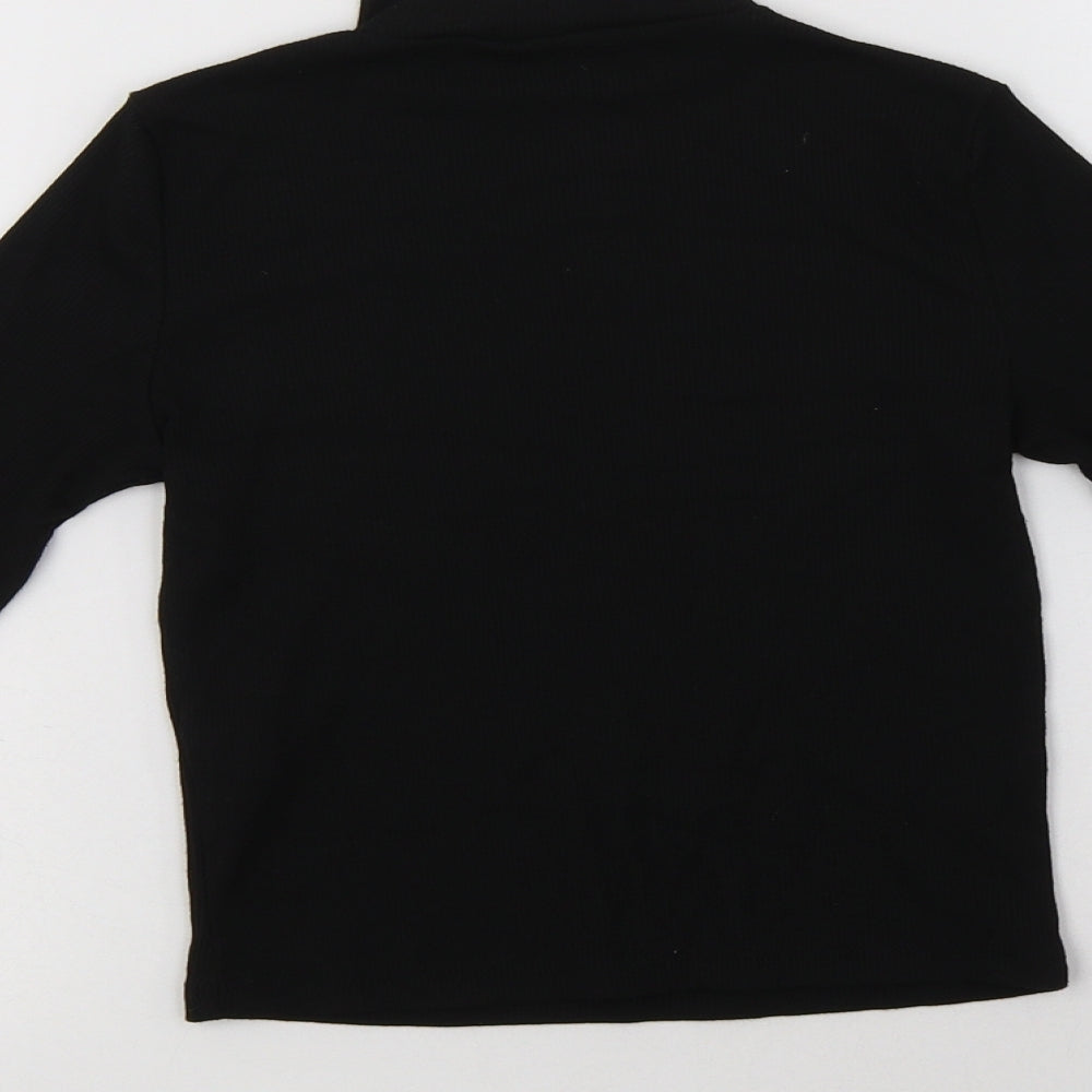 Brand and care label for Miss E-Vie girls’ black polyester basic blouse, size 9-10, years mock neck