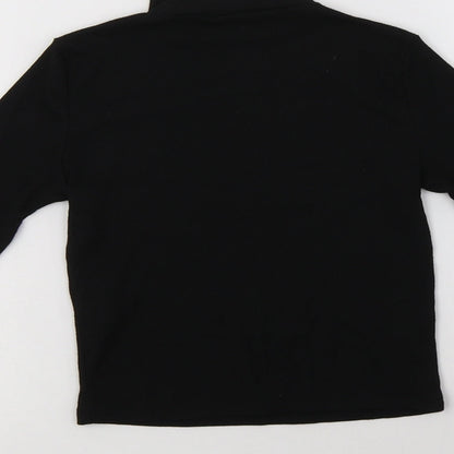 Brand and care label for Miss E-Vie girls’ black polyester basic blouse, size 9-10, years mock neck
