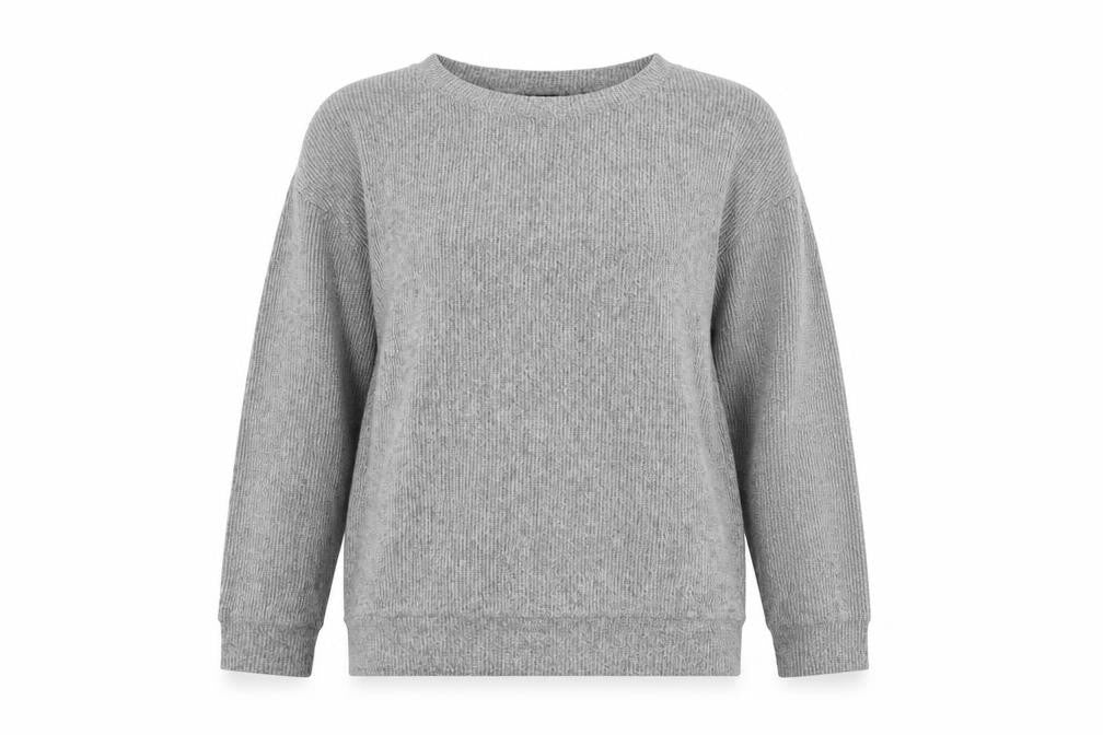 Front view of Golddigga women’s grey viscose top lounge set, size M