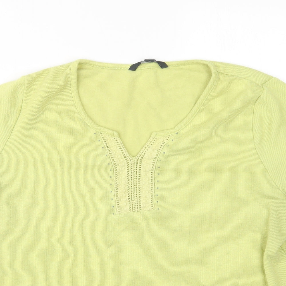 Close-up detail of Love Tees women’s green v-neck polyester jumper, size UK 18