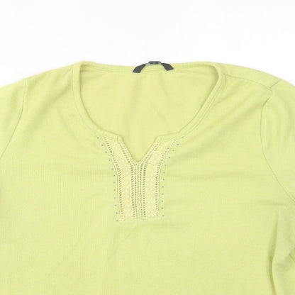 Close-up detail of Love Tees women’s green v-neck polyester jumper, size UK 18
