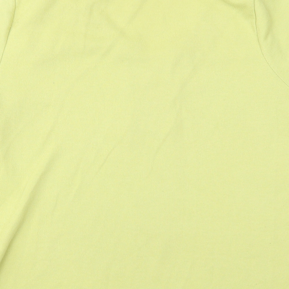Brand and care label for Love Tees women’s green v-neck polyester jumper, size UK 18