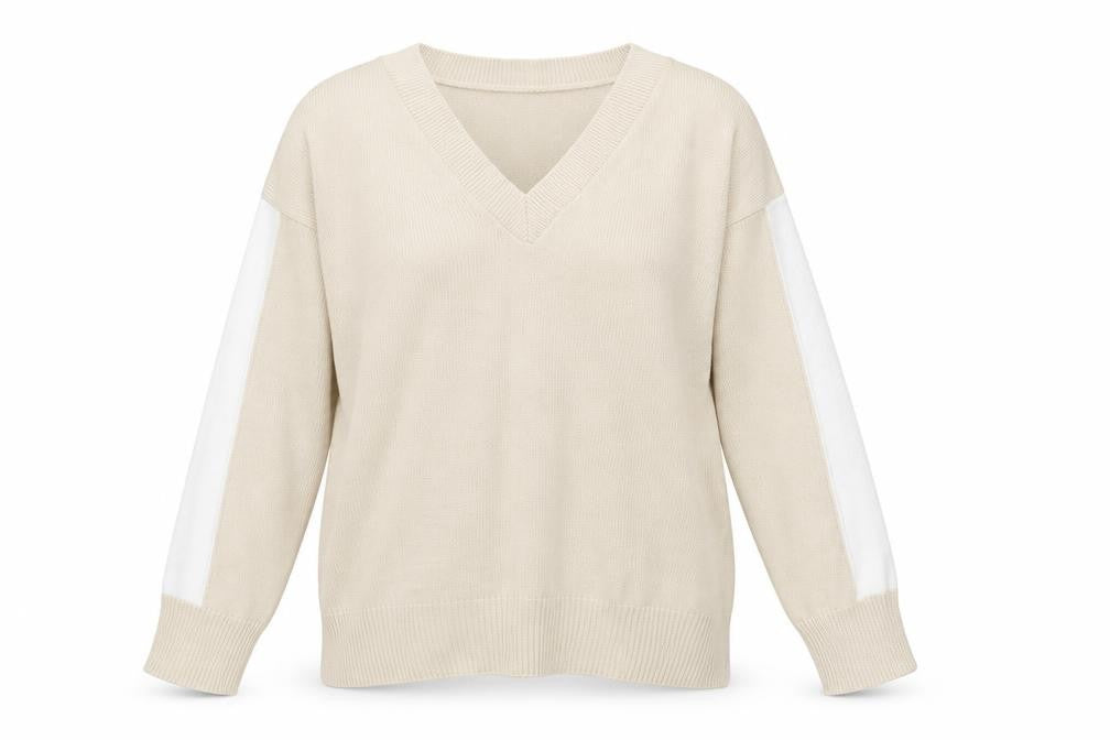 Front view of I SAW IT FIRST women’s beige v-neck jumper, size XL