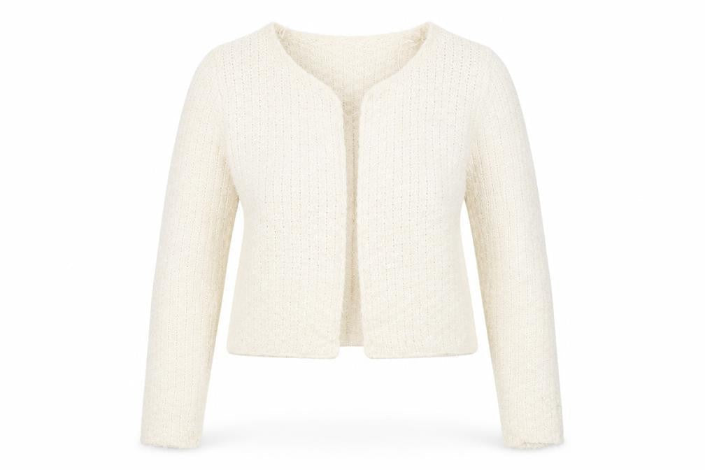 Front view of Quiz women’s beige round neck cardigan jumper, size S