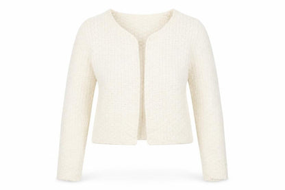 Front view of Quiz women’s beige round neck cardigan jumper, size S