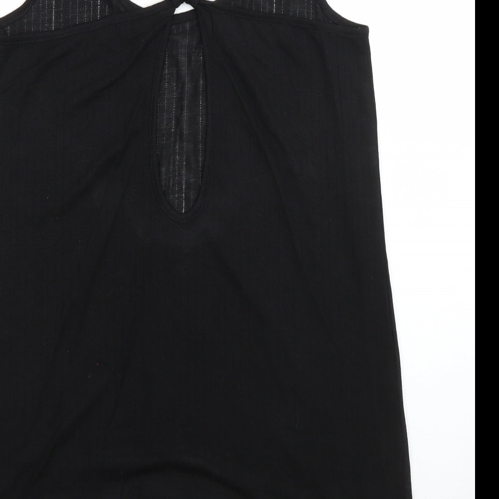 Brand and care label for Holiday Shop women’s black polyester basic blouse, size S, round neck