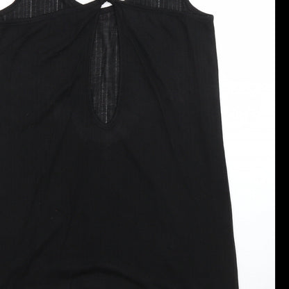 Brand and care label for Holiday Shop women’s black polyester basic blouse, size S, round neck