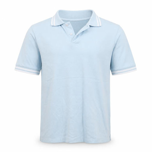 Front view of ASOS men’s blue cotton polo, size L, collared
