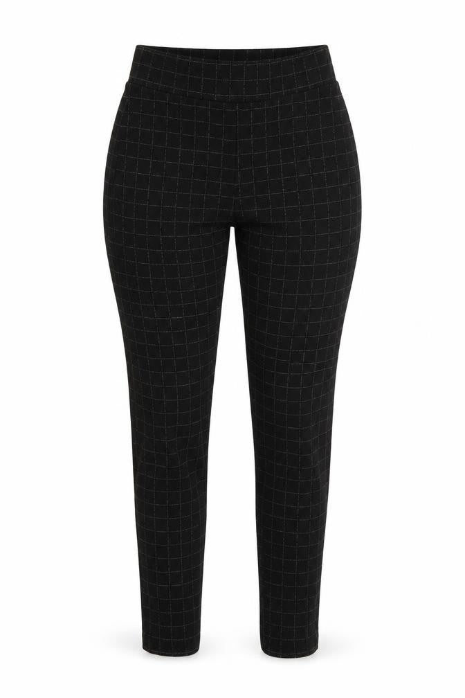 Front view of F&F women’s black check viscose dress pants trousers, size UK 12, 26-inch leg regular