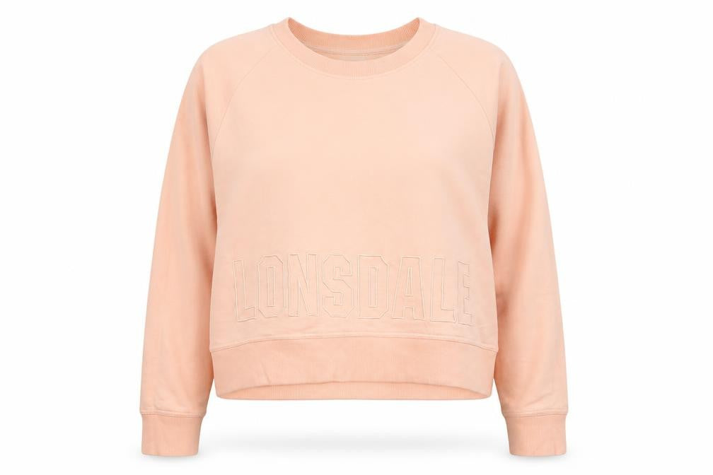 Front view of Lonsdale women’s pink round neck polyester jumper, size UK 18