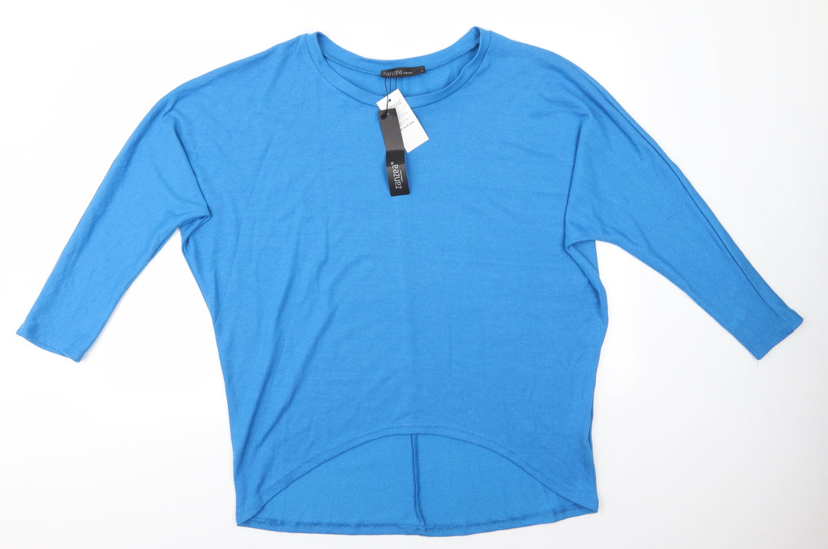 Additional front view of Zansea women’s blue round neck polyester jumper, size L, - sky blue subtle batwing