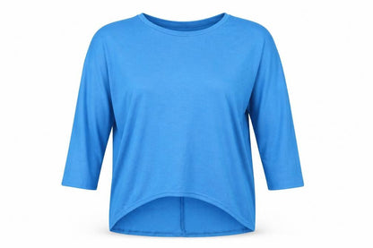 Front view of Zansea women’s blue round neck polyester jumper, size L, - sky blue subtle batwing