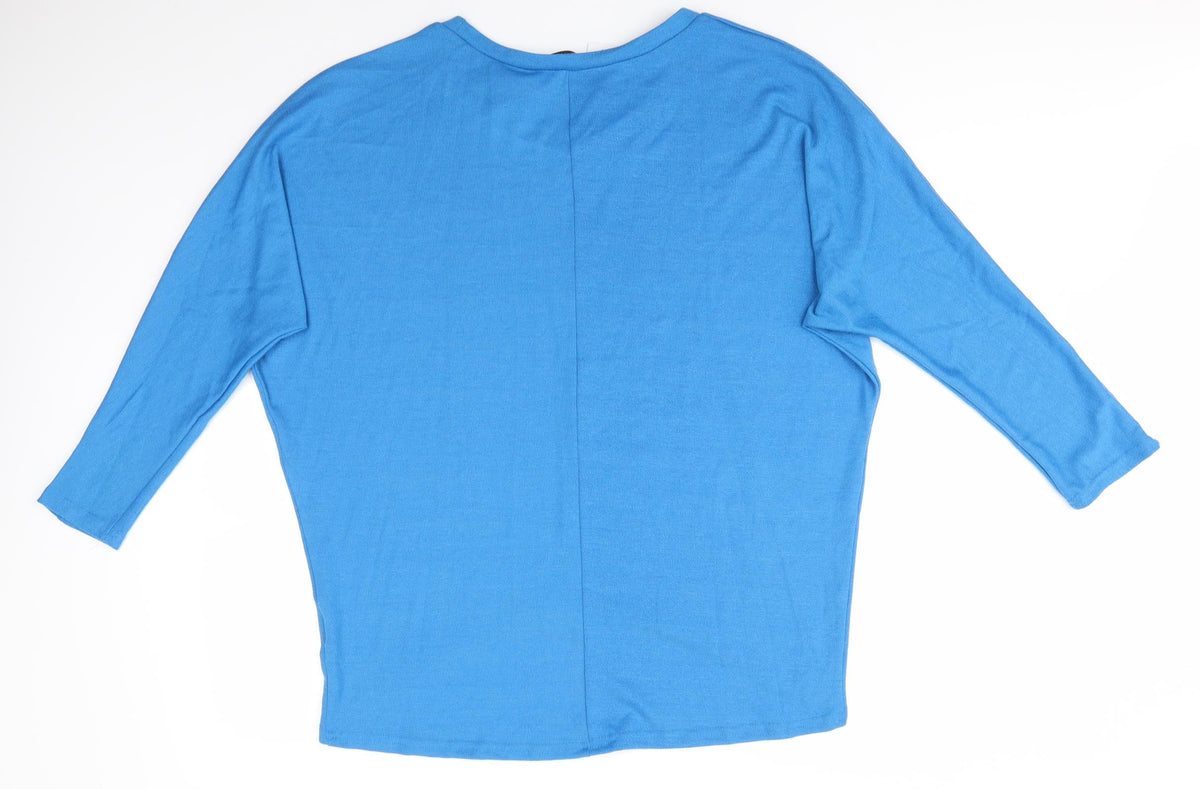 Back view of Zansea women’s blue round neck polyester jumper, size L, - sky blue subtle batwing