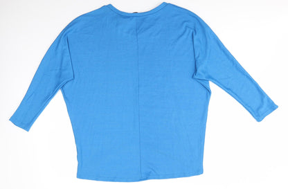 Back view of Zansea women’s blue round neck polyester jumper, size L, - sky blue subtle batwing