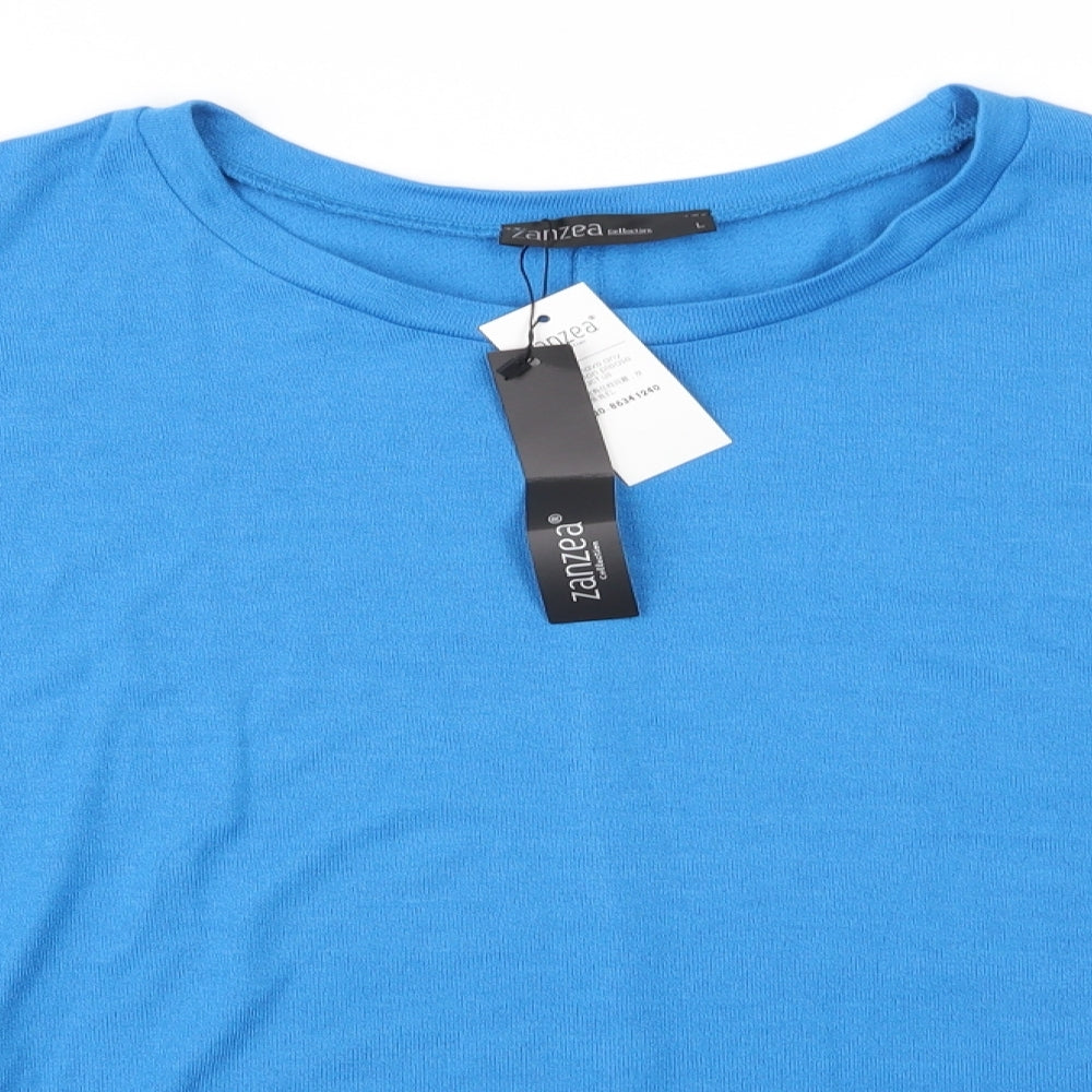 Close-up detail of Zansea women’s blue round neck polyester jumper, size L, - sky blue subtle batwing