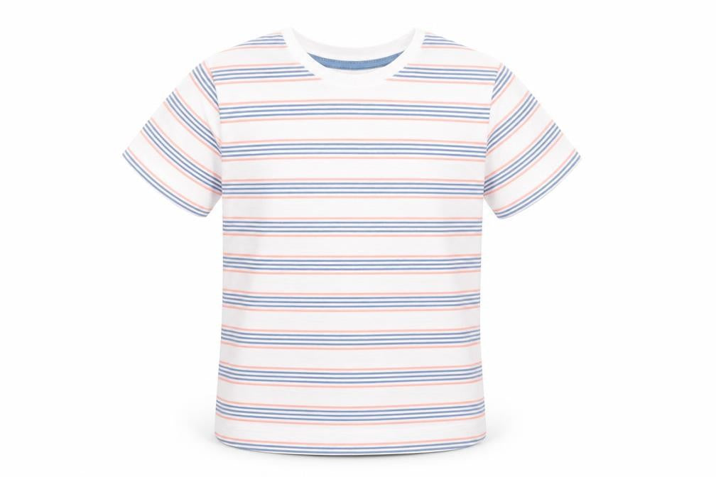 Front view of Jeff & Co boys’ white striped cotton basic t-shirt, months round neck pullover - blue & orange stripes