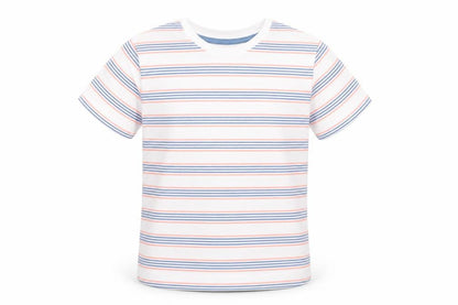Front view of Jeff & Co boys’ white striped cotton basic t-shirt, months round neck pullover - blue & orange stripes