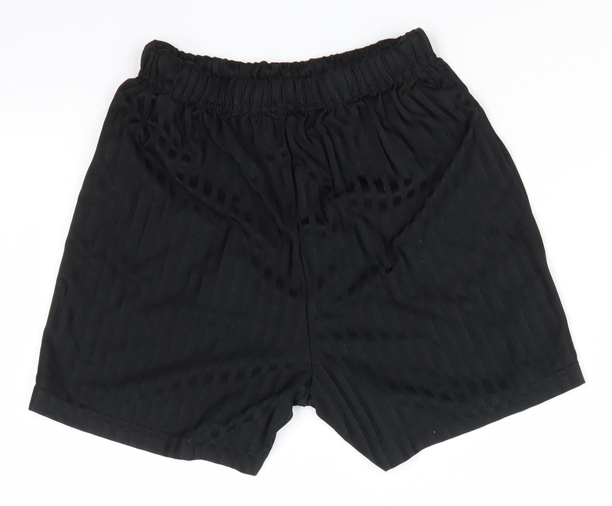 Back view of Matalan boys’ black striped polyester utility shorts, years regular - same colour vertical pattern stripe