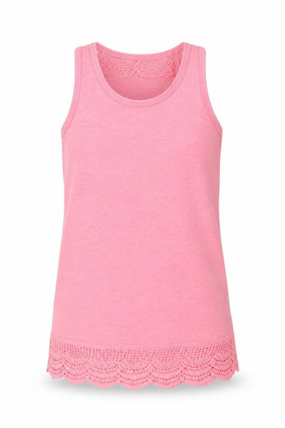 Front view of Primark girls’ pink polyester basic tank, size 10-11, years round neck