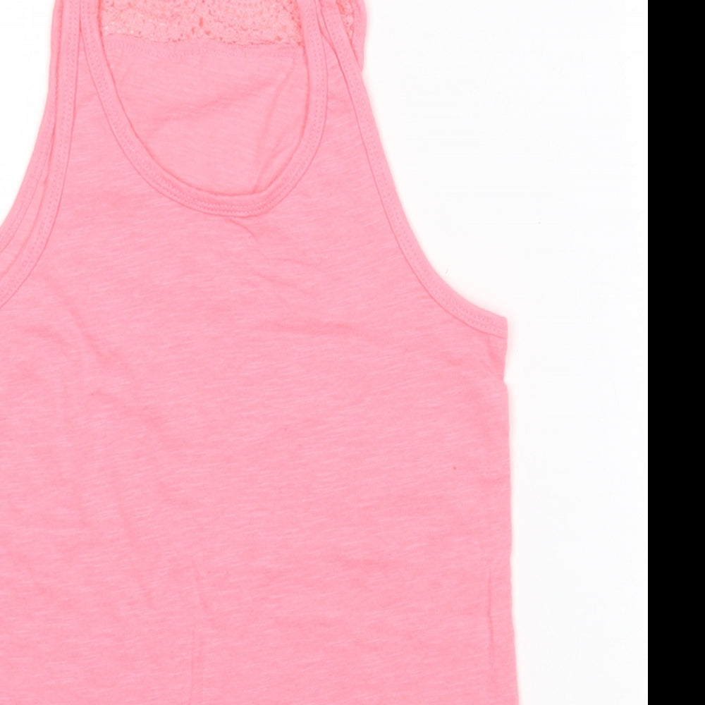 Close-up detail of Primark girls’ pink polyester basic tank, size 10-11, years round neck