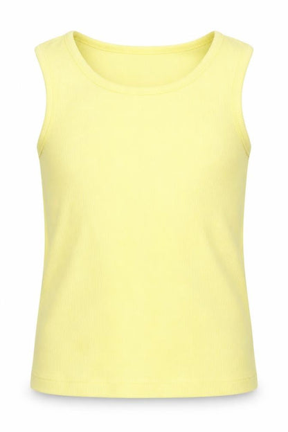 Front view of Next girls’ yellow cotton basic tank, size 7, years round neck