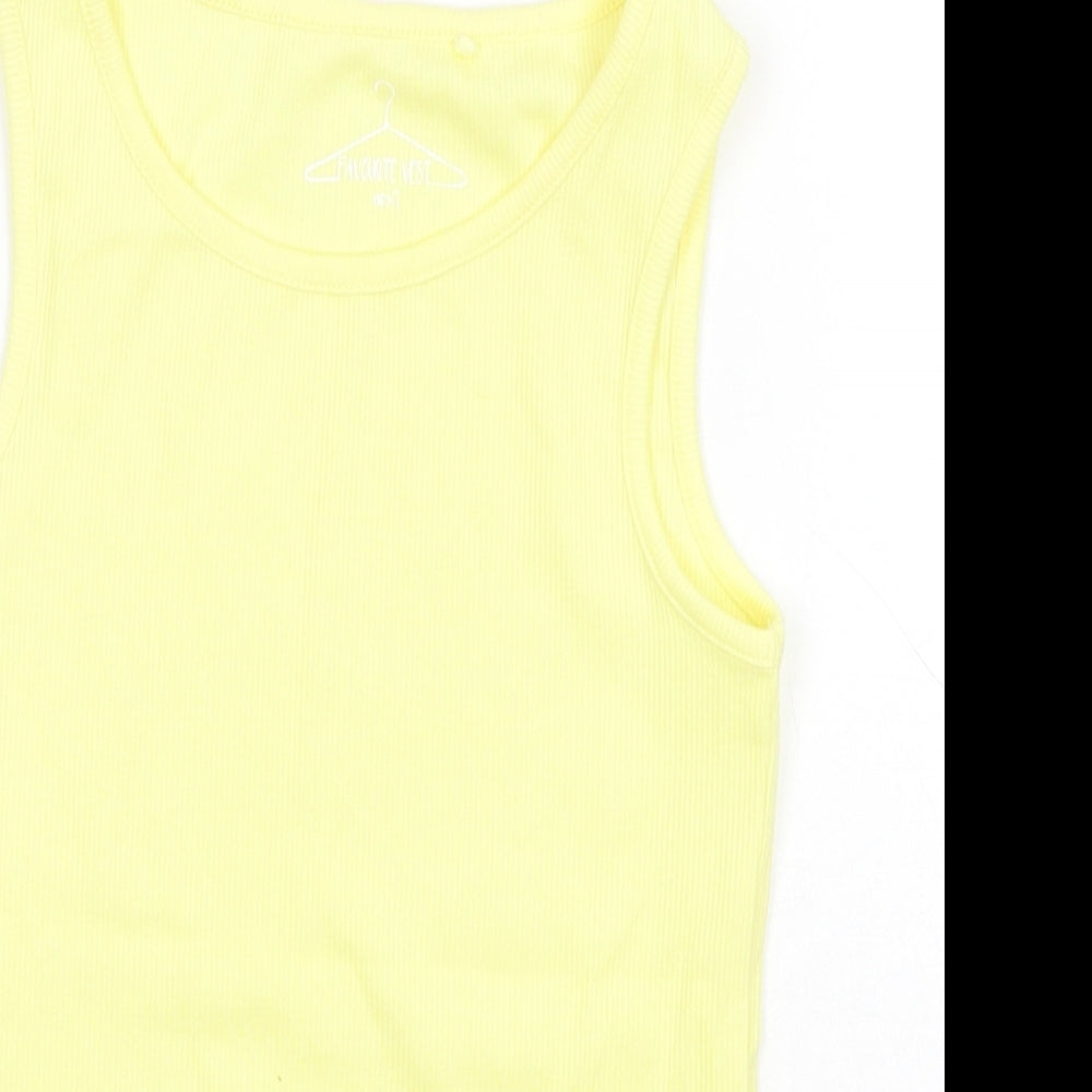 Close-up detail of Next girls’ yellow cotton basic tank, size 7, years round neck