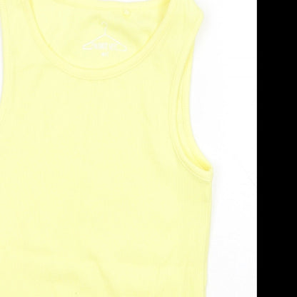 Close-up detail of Next girls’ yellow cotton basic tank, size 7, years round neck