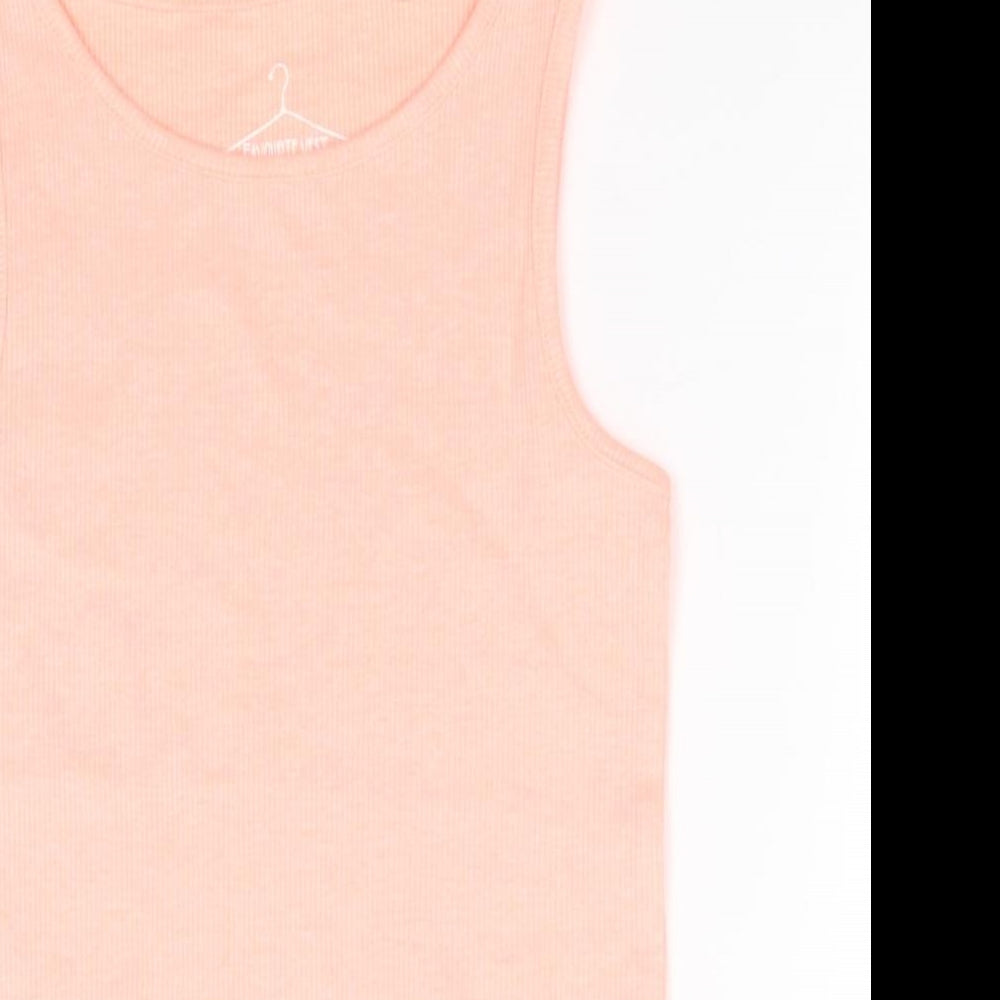 Close-up detail of Next girls’ pink cotton basic tank, size 7, years round neck