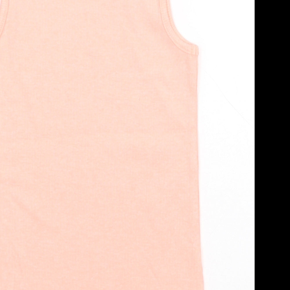 Brand and care label for Next girls’ pink cotton basic tank, size 7, years round neck