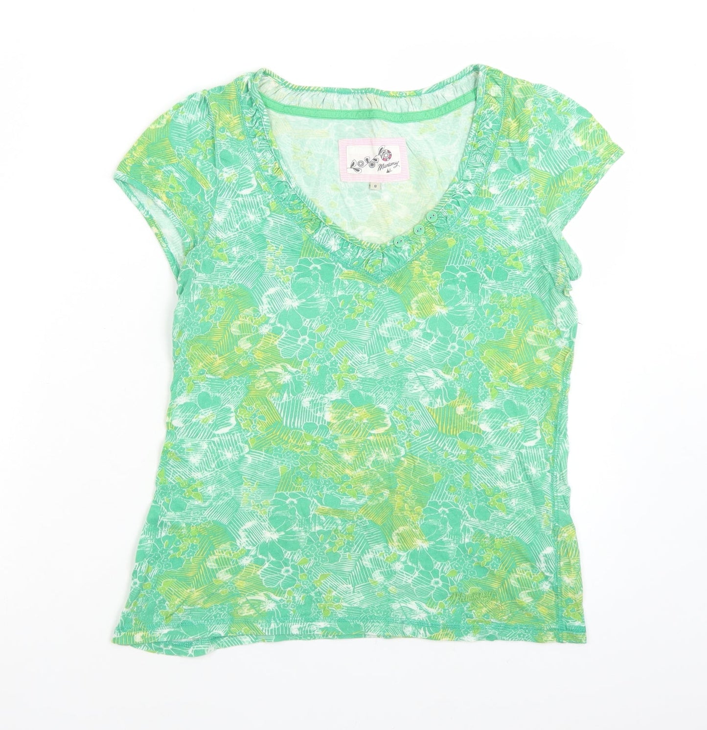 MANARAY Womens Green Floral Cotton Basic T-Shirt Size 8 V-Neck