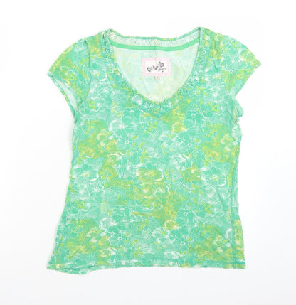 MANARAY Womens Green Floral Cotton Basic T-Shirt Size 8 V-Neck