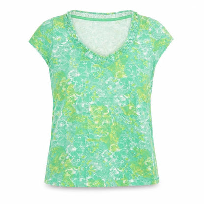 Front view of MANARAY women’s green floral cotton basic t-shirt, size UK 8, v-neck