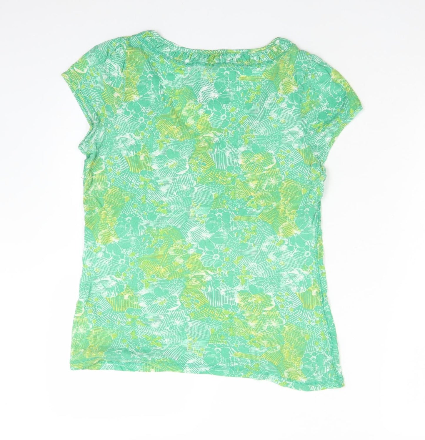MANARAY Womens Green Floral Cotton Basic T-Shirt Size 8 V-Neck