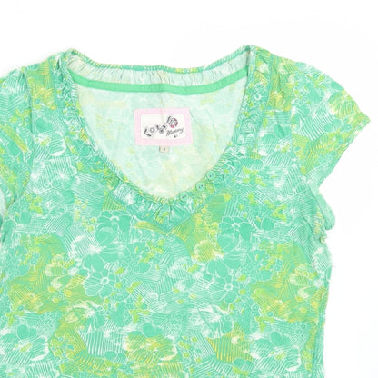 MANARAY Womens Green Floral Cotton Basic T-Shirt Size 8 V-Neck