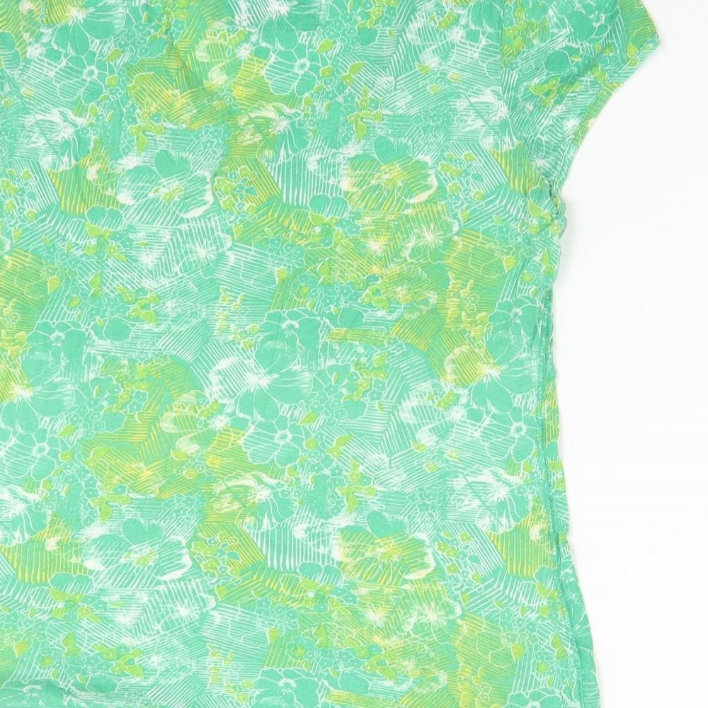 MANARAY Womens Green Floral Cotton Basic T-Shirt Size 8 V-Neck