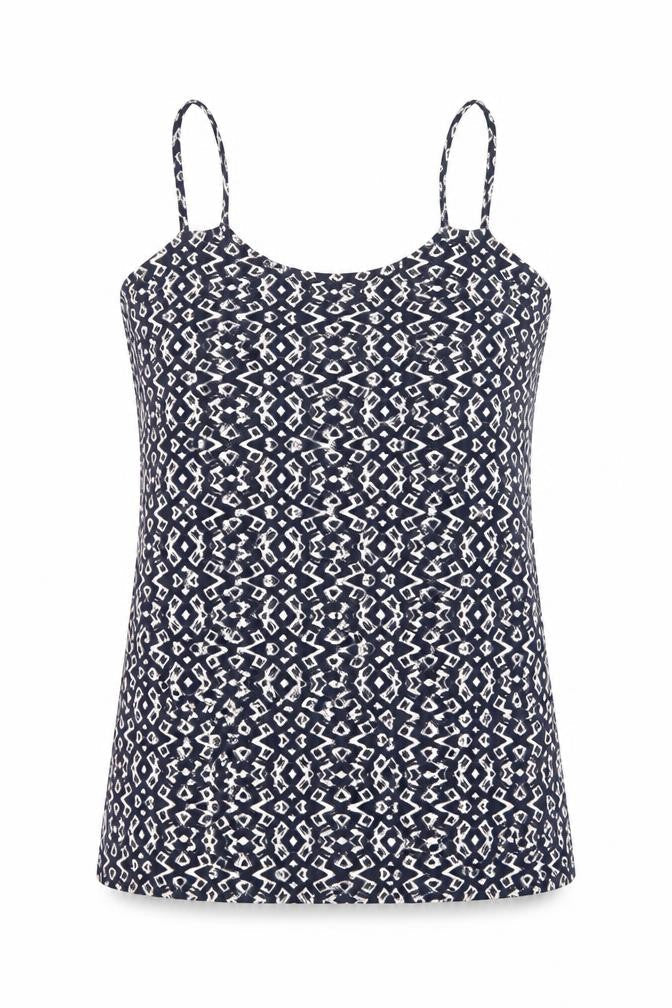 Front view of Peacocks women’s multicoloured geometric cotton camisole t-shirt, size UK 12, round neck