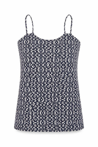 Front view of Peacocks women’s multicoloured geometric cotton camisole t-shirt, size UK 12, round neck