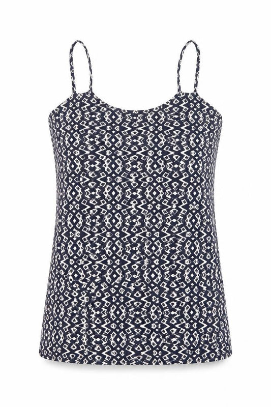 Front view of Peacocks women’s multicoloured geometric cotton camisole t-shirt, size UK 12, round neck