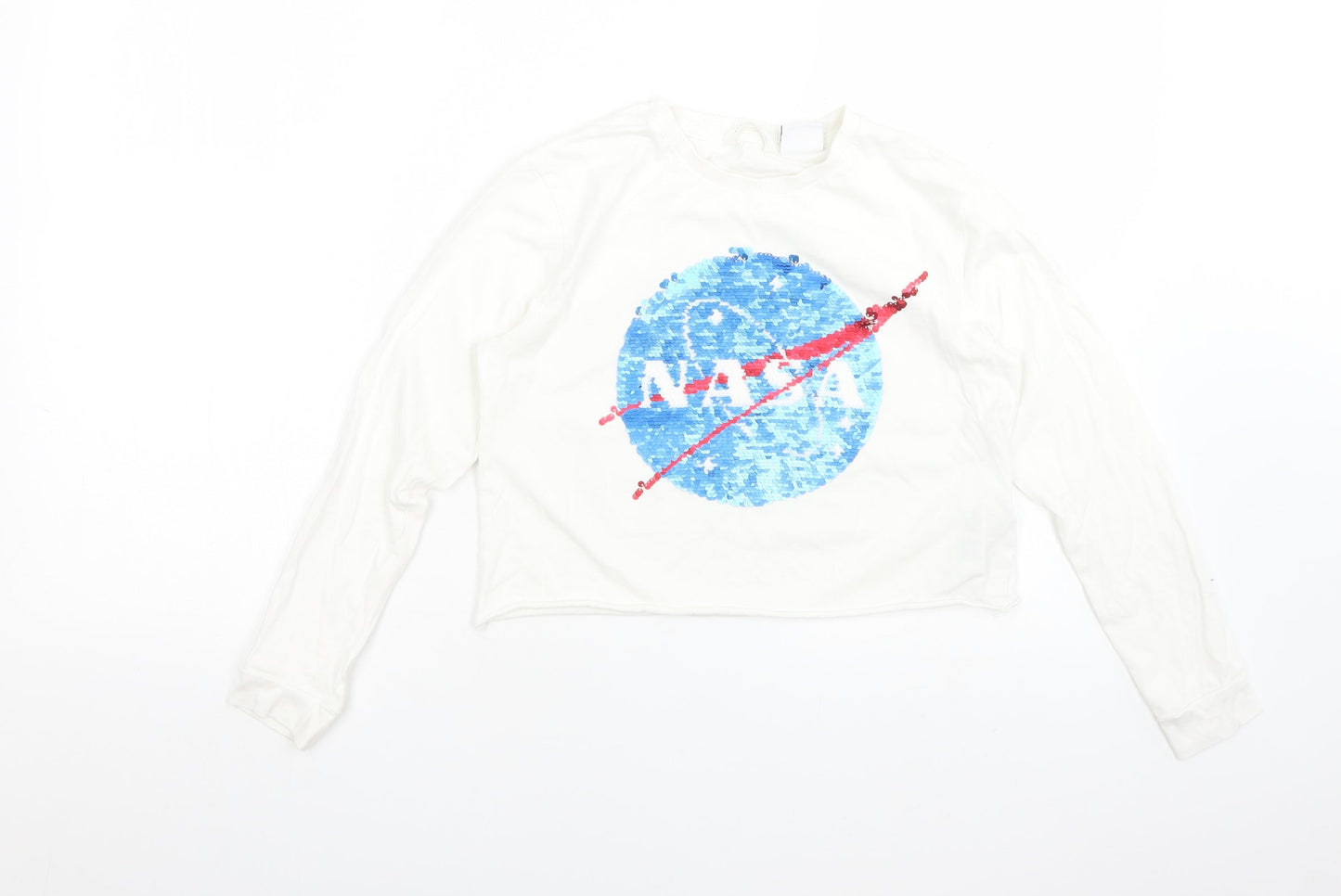 M&S Girls White  Cotton Cropped T-Shirt Size 10-11 Years Crew Neck  - NASA