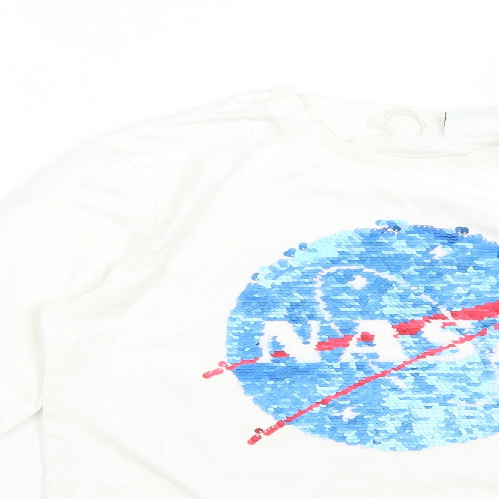M&S Girls White  Cotton Cropped T-Shirt Size 10-11 Years Crew Neck  - NASA