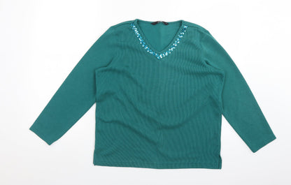 BM Womens Green V-Neck  Polyester Pullover Jumper Size S