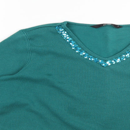 BM Womens Green V-Neck  Polyester Pullover Jumper Size S