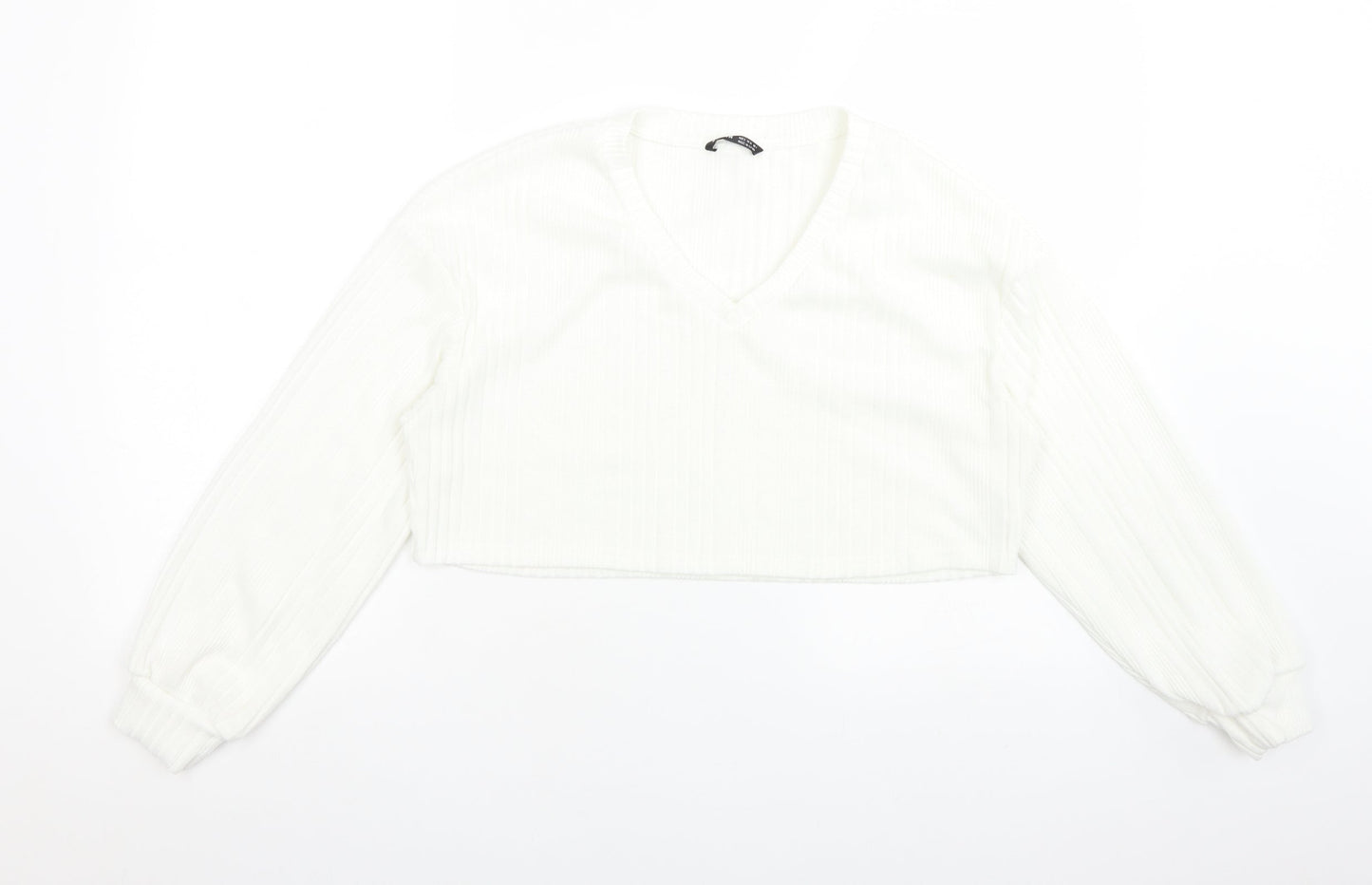 SheIn Womens White Striped Polyester Cropped T-Shirt Size S V-Neck