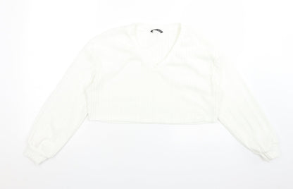 SheIn Womens White Striped Polyester Cropped T-Shirt Size S V-Neck