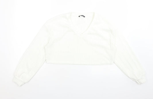 SheIn Womens White Striped Polyester Cropped T-Shirt Size S V-Neck