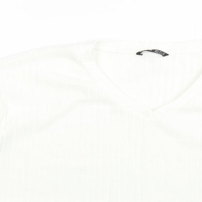 SheIn Womens White Striped Polyester Cropped T-Shirt Size S V-Neck