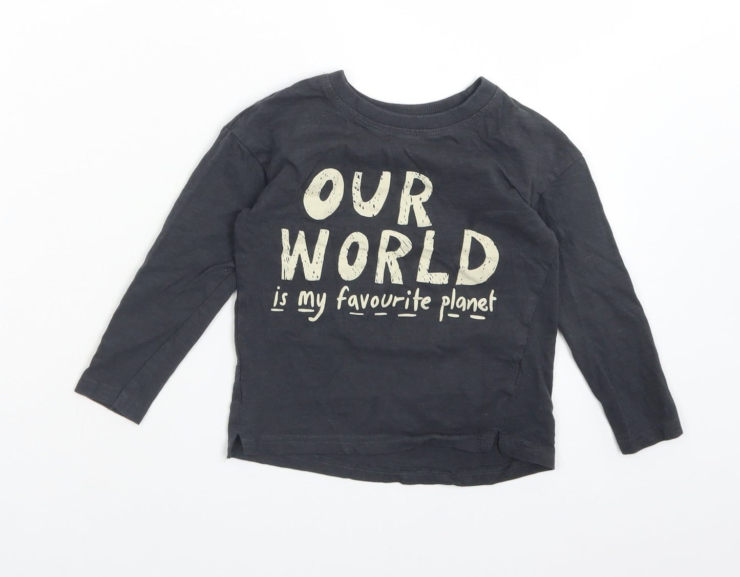 George Boys Grey  Cotton Basic T-Shirt Size 2-3 Years Crew Neck  - OUR WORLD IS MY FAVOURITE PLANET