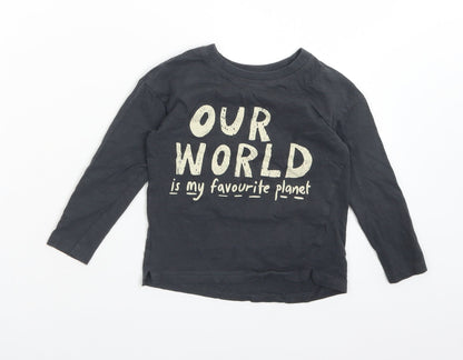 George Boys Grey  Cotton Basic T-Shirt Size 2-3 Years Crew Neck  - OUR WORLD IS MY FAVOURITE PLANET