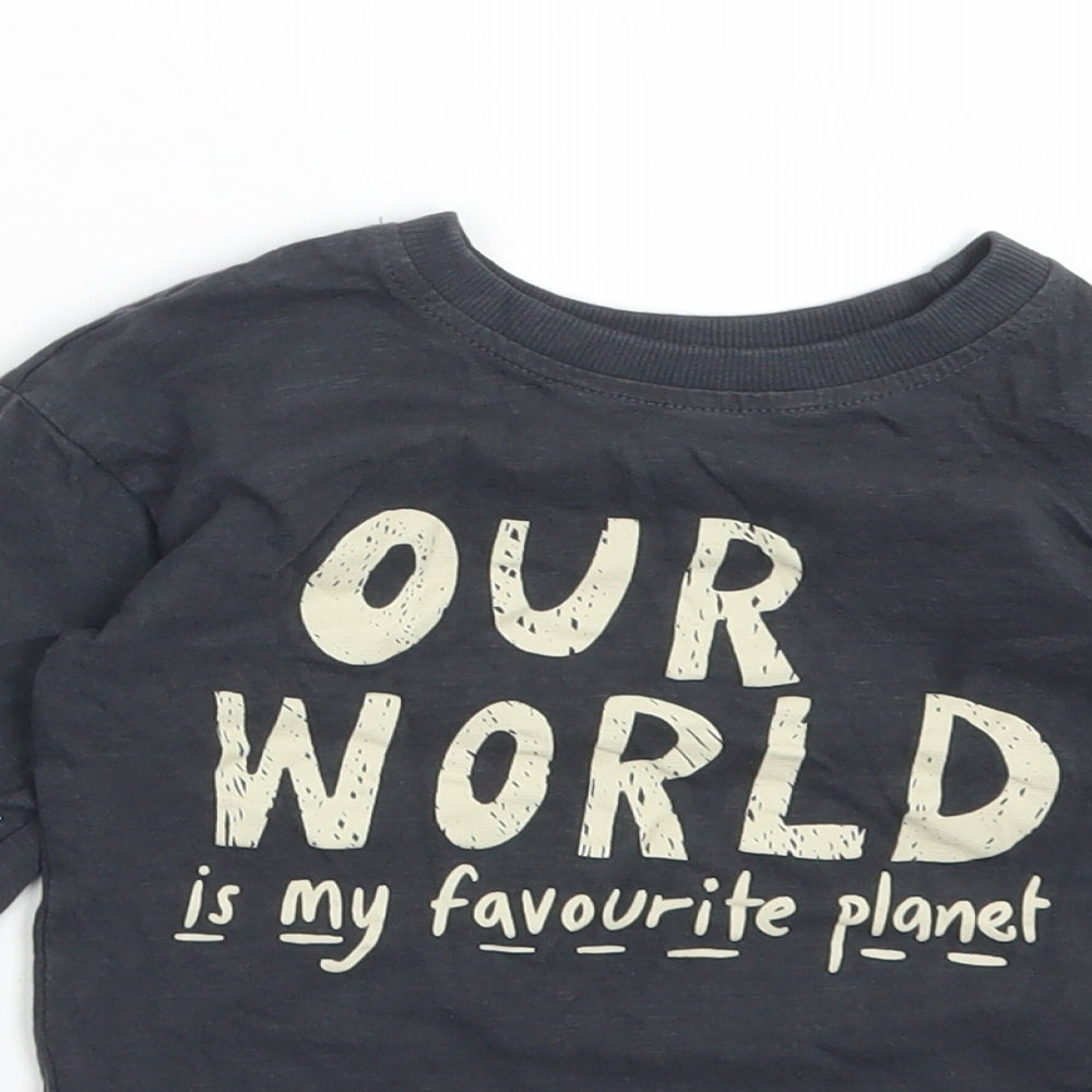 George Boys Grey  Cotton Basic T-Shirt Size 2-3 Years Crew Neck  - OUR WORLD IS MY FAVOURITE PLANET