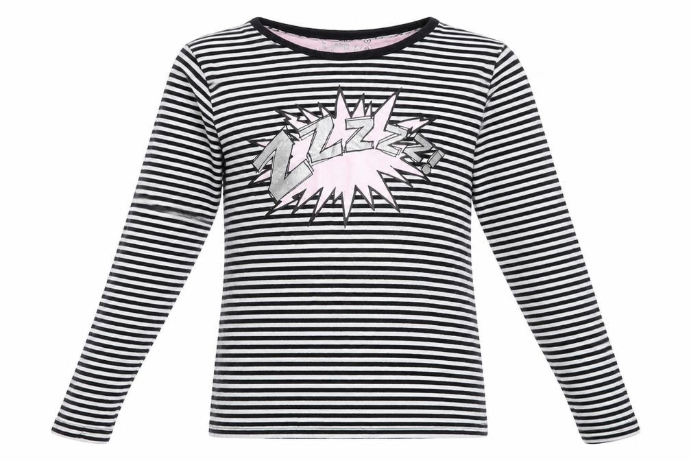 Front view of Matalan girls’ black striped 100% cotton top pyjama top, size 12-13, years